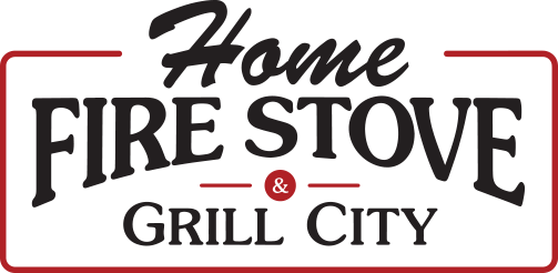 A green sign that says home fire stop grill city.