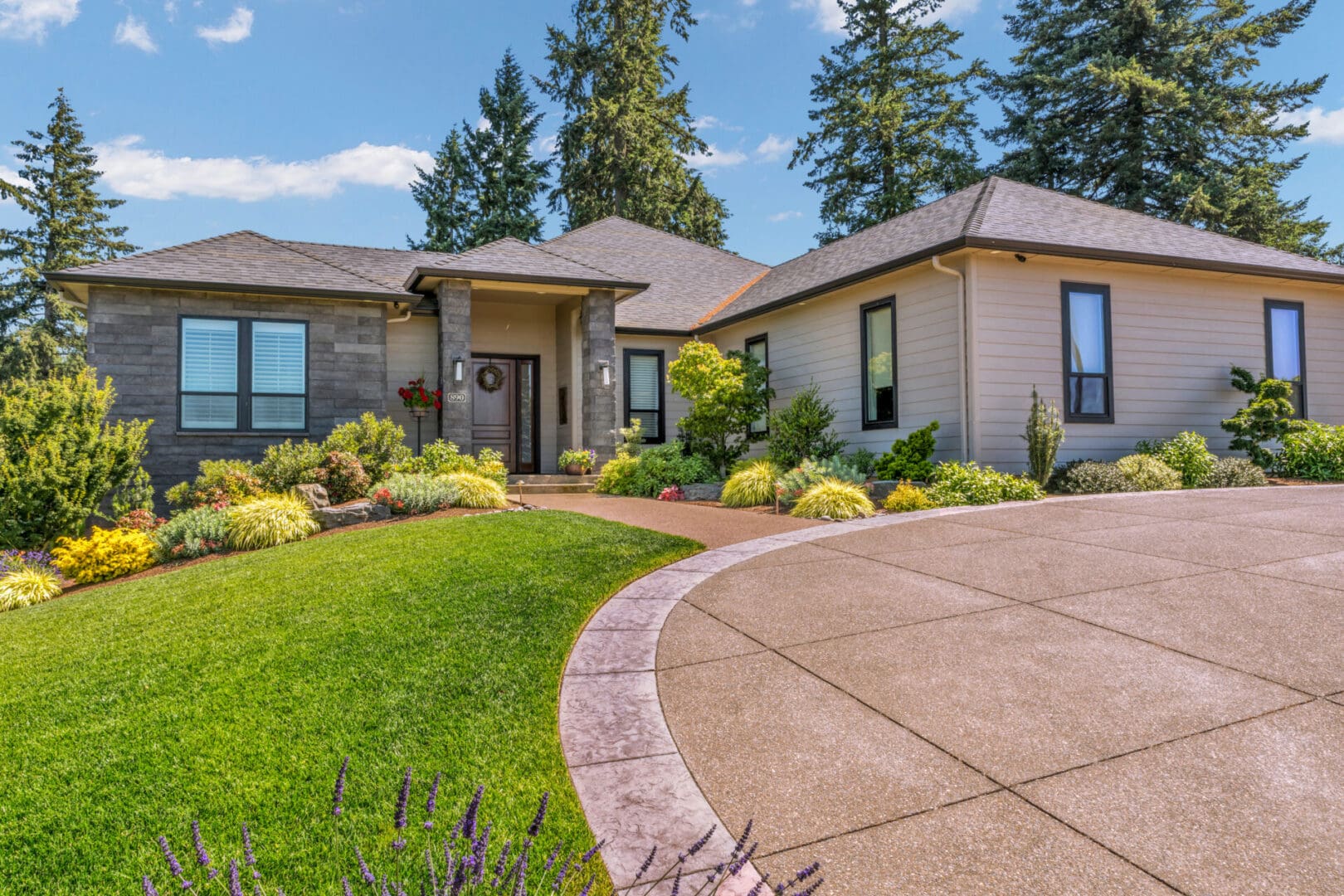 Modern single-story house with landscaped front yard